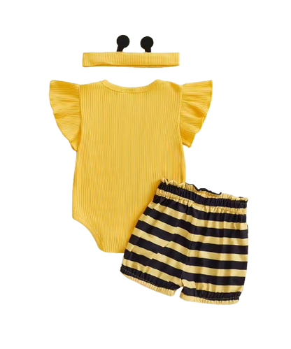 The Analia - Baby Girl 3-Piece Summer Outfit Set – Bee & Ladybug Ruffle Romper, Shorts & Headband