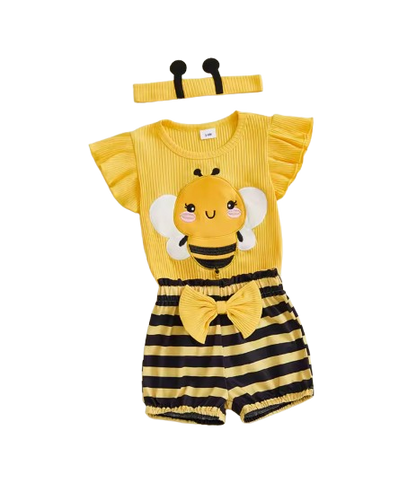 The Analia - Baby Girl 3-Piece Summer Outfit Set – Bee & Ladybug Ruffle Romper, Shorts & Headband