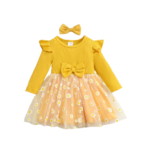 The Leslie - Girls Daisy Yellow Tulle Dress with Hairband Spring Autumn Cute Baby Girl Outfit Floral Print Skirt Set