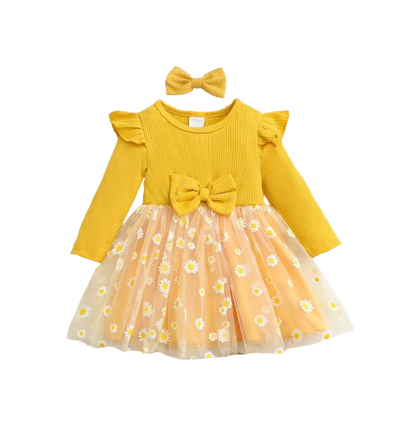 The Leslie - Girls Daisy Yellow Tulle Dress with Hairband Spring Autumn Cute Baby Girl Outfit Floral Print Skirt Set