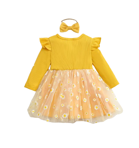 The Leslie - Girls Daisy Yellow Tulle Dress with Hairband Spring Autumn Cute Baby Girl Outfit Floral Print Skirt Set