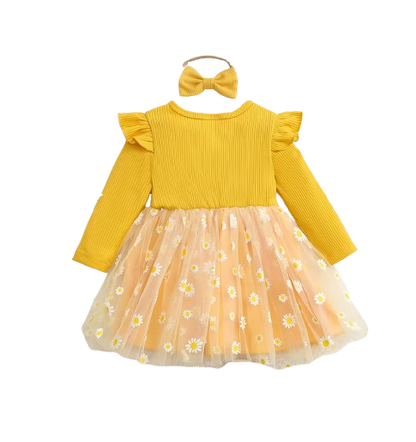 The Leslie - Girls Daisy Yellow Tulle Dress with Hairband Spring Autumn Cute Baby Girl Outfit Floral Print Skirt Set