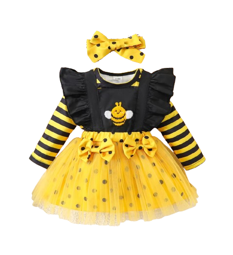 The Martha - Baby Girl 3-Piece Bee Outfit Set – Yellow Striped Bodysuit, Mesh Suspender Dress & Headwear