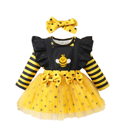 The Martha - Baby Girl 3-Piece Bee Outfit Set – Yellow Striped Bodysuit, Mesh Suspender Dress & Headwear