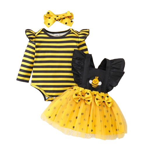 The Martha - Baby Girl 3-Piece Bee Outfit Set – Yellow Striped Bodysuit, Mesh Suspender Dress & Headwear