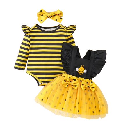 The Martha - Baby Girl 3-Piece Bee Outfit Set – Yellow Striped Bodysuit, Mesh Suspender Dress & Headwear