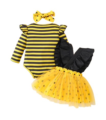 The Martha - Baby Girl 3-Piece Bee Outfit Set – Yellow Striped Bodysuit, Mesh Suspender Dress & Headwear