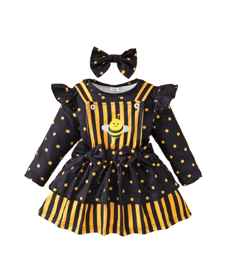 The Martha - Baby Girl 3-Piece Bee Outfit Set – Yellow Striped Bodysuit, Mesh Suspender Dress & Headwear