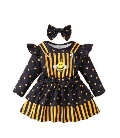 The Martha - Baby Girl 3-Piece Bee Outfit Set – Yellow Striped Bodysuit, Mesh Suspender Dress & Headwear