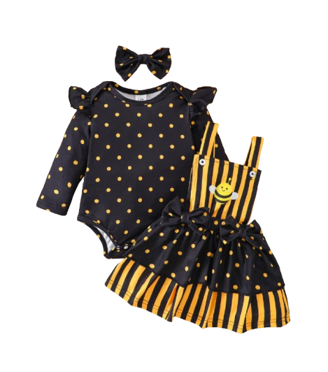 The Martha - Baby Girl 3-Piece Bee Outfit Set – Yellow Striped Bodysuit, Mesh Suspender Dress & Headwear