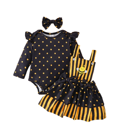 The Martha - Baby Girl 3-Piece Bee Outfit Set – Yellow Striped Bodysuit, Mesh Suspender Dress & Headwear