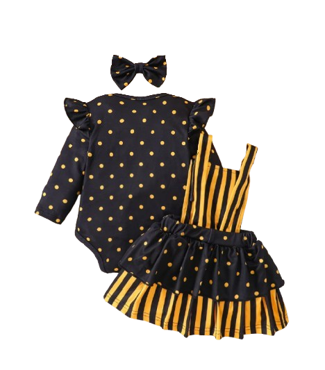 The Martha - Baby Girl 3-Piece Bee Outfit Set – Yellow Striped Bodysuit, Mesh Suspender Dress & Headwear