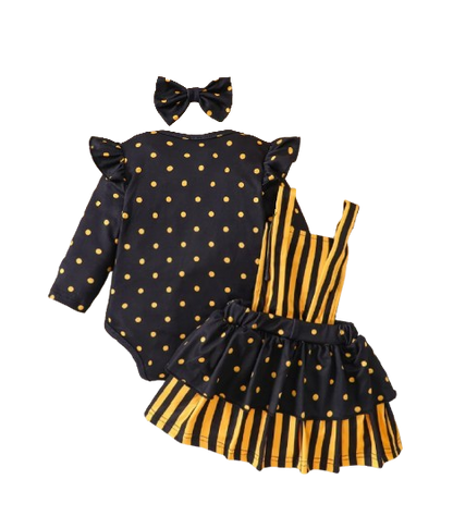 The Martha - Baby Girl 3-Piece Bee Outfit Set – Yellow Striped Bodysuit, Mesh Suspender Dress & Headwear
