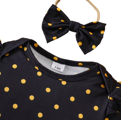 The Martha - Baby Girl 3-Piece Bee Outfit Set – Yellow Striped Bodysuit, Mesh Suspender Dress & Headwear