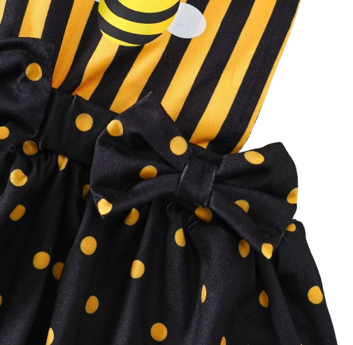 The Martha - Baby Girl 3-Piece Bee Outfit Set – Yellow Striped Bodysuit, Mesh Suspender Dress & Headwear