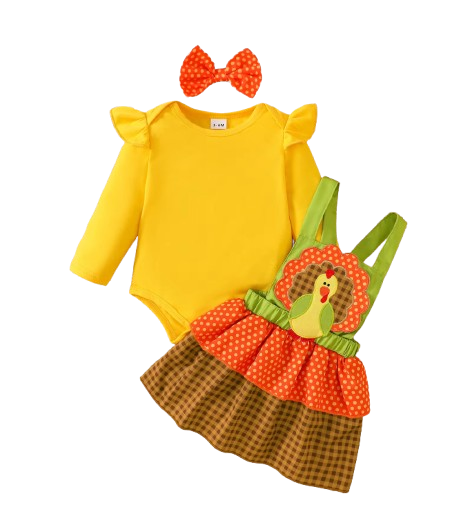 The Martha - Baby Girl 3-Piece Bee Outfit Set – Yellow Striped Bodysuit, Mesh Suspender Dress & Headwear