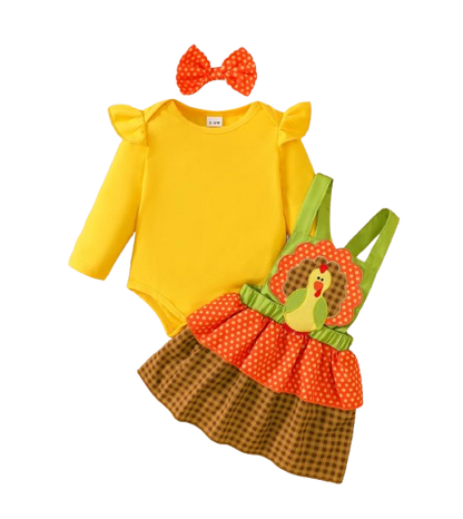 The Martha - Baby Girl 3-Piece Bee Outfit Set – Yellow Striped Bodysuit, Mesh Suspender Dress & Headwear