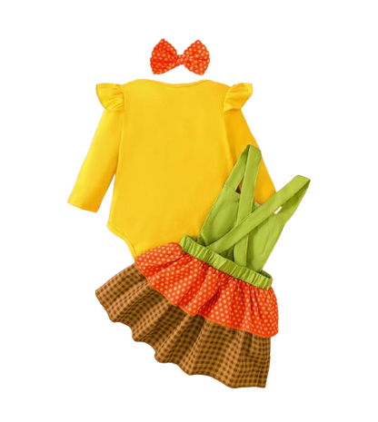 The Martha - Baby Girl 3-Piece Bee Outfit Set – Yellow Striped Bodysuit, Mesh Suspender Dress & Headwear