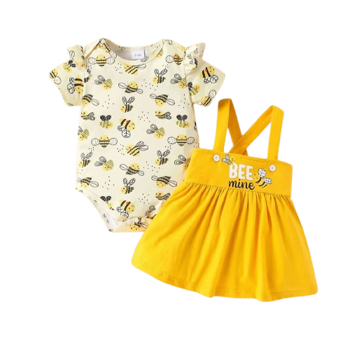 The Mckinley - Baby Girl 2-Piece Bee Outfit Set – Short Sleeve Printed Romper & Suspender Skirt | Summer Outfit