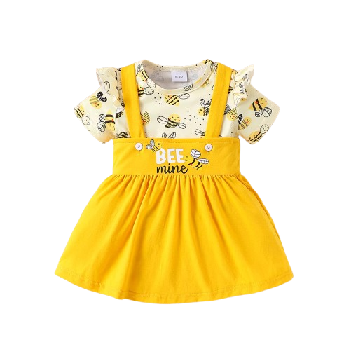 The Mckinley - Baby Girl 2-Piece Bee Outfit Set – Short Sleeve Printed Romper & Suspender Skirt | Summer Outfit