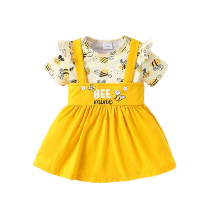 The Mckinley - Baby Girl 2-Piece Bee Outfit Set – Short Sleeve Printed Romper & Suspender Skirt | Summer Outfit