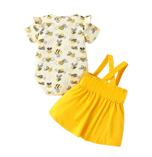 The Mckinley - Baby Girl 2-Piece Bee Outfit Set – Short Sleeve Printed Romper & Suspender Skirt | Summer Outfit