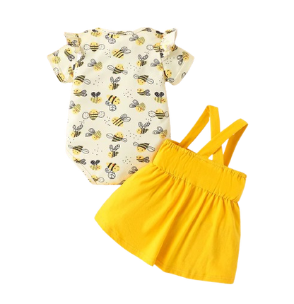 The Mckinley - Baby Girl 2-Piece Bee Outfit Set – Short Sleeve Printed Romper & Suspender Skirt | Summer Outfit