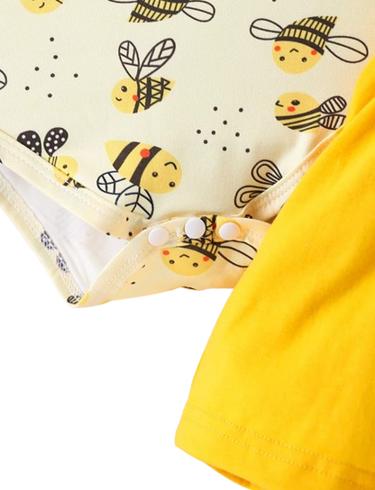The Mckinley - Baby Girl 2-Piece Bee Outfit Set – Short Sleeve Printed Romper & Suspender Skirt | Summer Outfit