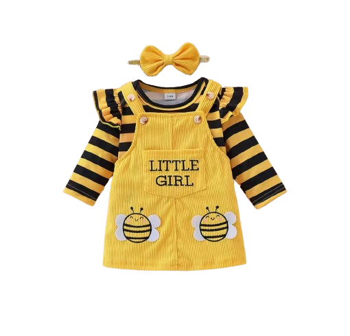 The Dayana - Baby Girl Bee Stripe Outfit Set – Ruffle Sleeve Top, Yellow Corduroy Pinafore Dress & Bow Headband