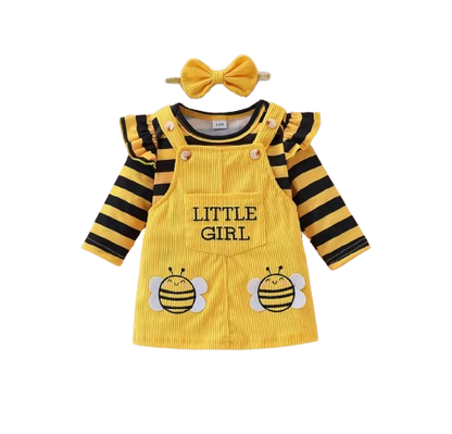 The Dayana - Baby Girl Bee Stripe Outfit Set – Ruffle Sleeve Top, Yellow Corduroy Pinafore Dress & Bow Headband
