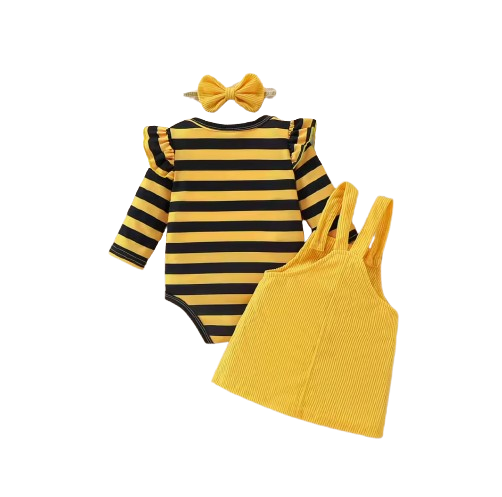 The Dayana - Baby Girl Bee Stripe Outfit Set – Ruffle Sleeve Top, Yellow Corduroy Pinafore Dress & Bow Headband