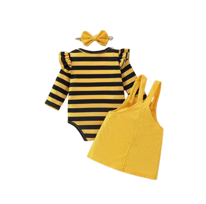 The Dayana - Baby Girl Bee Stripe Outfit Set – Ruffle Sleeve Top, Yellow Corduroy Pinafore Dress & Bow Headband