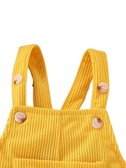 The Dayana - Baby Girl Bee Stripe Outfit Set – Ruffle Sleeve Top, Yellow Corduroy Pinafore Dress & Bow Headband