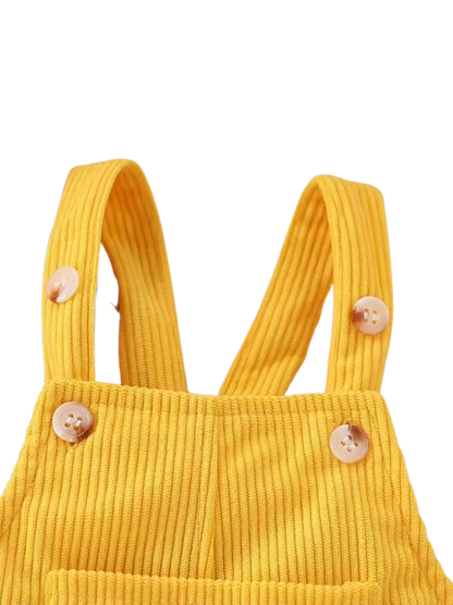 The Dayana - Baby Girl Bee Stripe Outfit Set – Ruffle Sleeve Top, Yellow Corduroy Pinafore Dress & Bow Headband