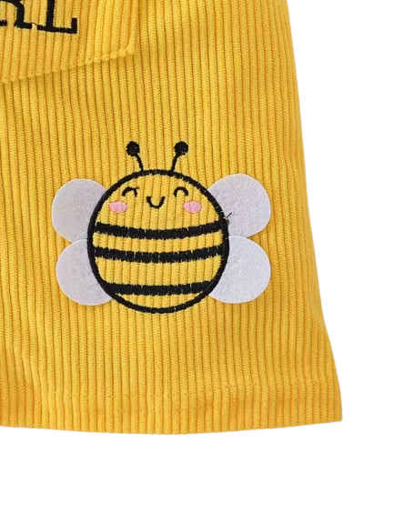 The Dayana - Baby Girl Bee Stripe Outfit Set – Ruffle Sleeve Top, Yellow Corduroy Pinafore Dress & Bow Headband