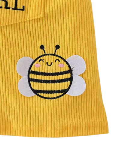 The Dayana - Baby Girl Bee Stripe Outfit Set – Ruffle Sleeve Top, Yellow Corduroy Pinafore Dress & Bow Headband