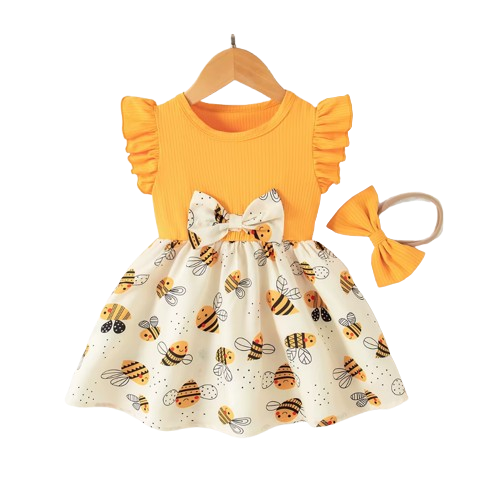 The Karsyn - Baby Girl Yellow Bee Dress Set – Cute Cartoon Bee Print Dress & Bow Headband