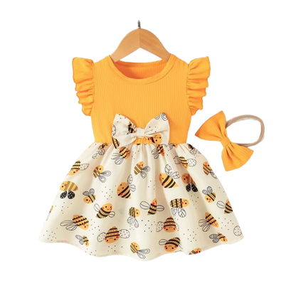 The Karsyn - Baby Girl Yellow Bee Dress Set – Cute Cartoon Bee Print Dress & Bow Headband