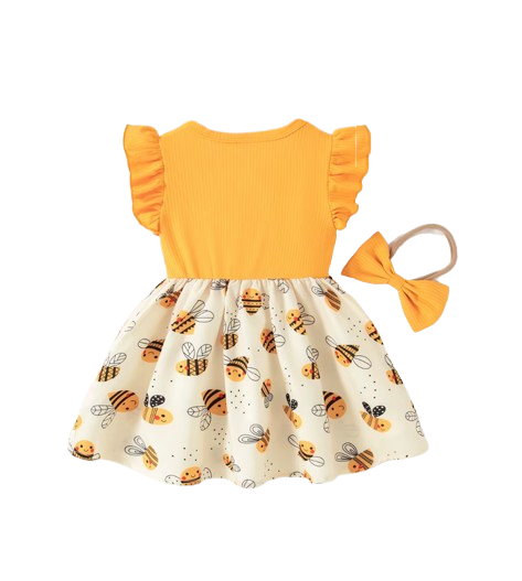 The Karsyn - Baby Girl Yellow Bee Dress Set – Cute Cartoon Bee Print Dress & Bow Headband