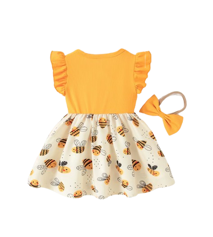 The Karsyn - Baby Girl Yellow Bee Dress Set – Cute Cartoon Bee Print Dress & Bow Headband