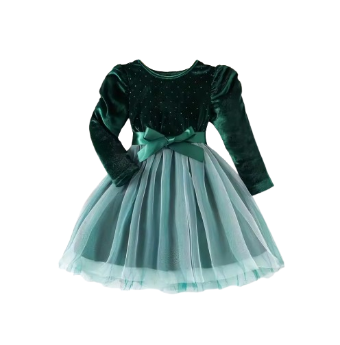 The Macy - Girls Long Sleeve Velvet Mesh Party Dress – Knitted Round Neck Dress