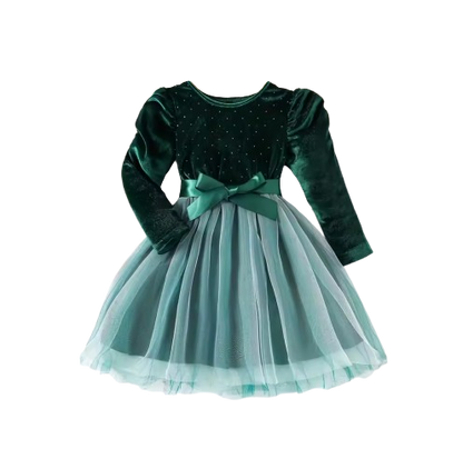 The Macy - Girls Long Sleeve Velvet Mesh Party Dress – Knitted Round Neck Dress