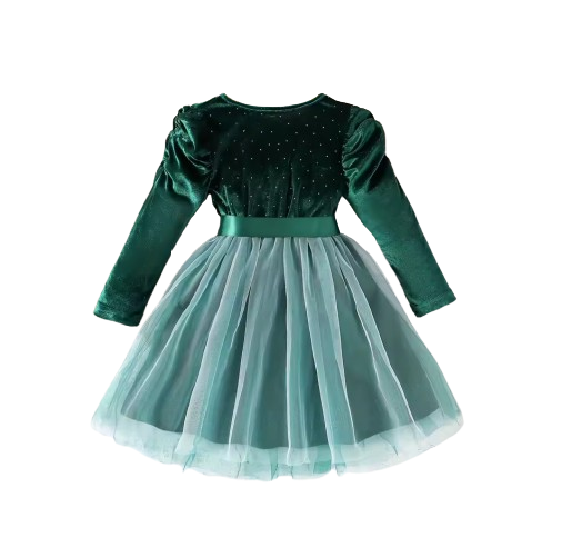 The Macy - Girls Long Sleeve Velvet Mesh Party Dress – Knitted Round Neck Dress