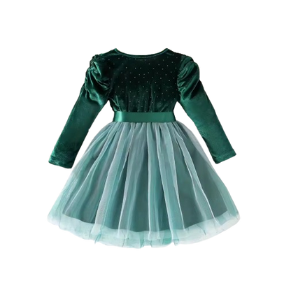 The Macy - Girls Long Sleeve Velvet Mesh Party Dress – Knitted Round Neck Dress