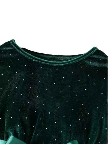 The Macy - Girls Long Sleeve Velvet Mesh Party Dress – Knitted Round Neck Dress