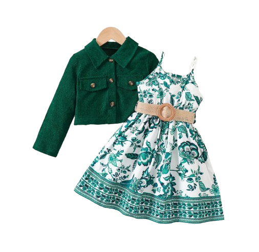 The Samira - Girls 2-Piece Outfit Set – Long Sleeve Jacket & Floral Print Dress | Casual & Holiday Outfit