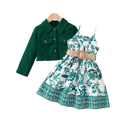 The Samira - Girls 2-Piece Outfit Set – Long Sleeve Jacket & Floral Print Dress | Casual & Holiday Outfit
