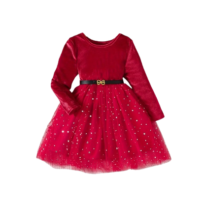 The Bridget - Girls Velvet Mesh Dress – Long Sleeve Star & Moon Sequin Party Dress with Belt