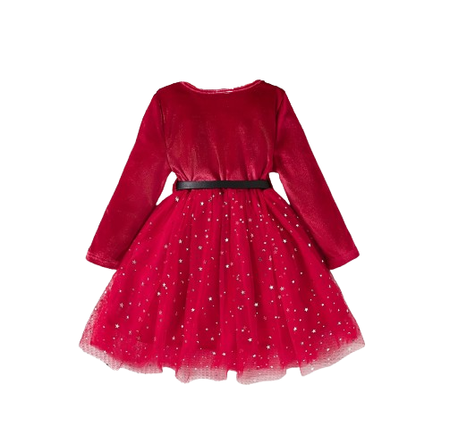 The Bridget - Girls Velvet Mesh Dress – Long Sleeve Star & Moon Sequin Party Dress with Belt