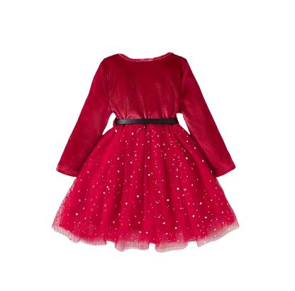 The Bridget - Girls Velvet Mesh Dress – Long Sleeve Star & Moon Sequin Party Dress with Belt